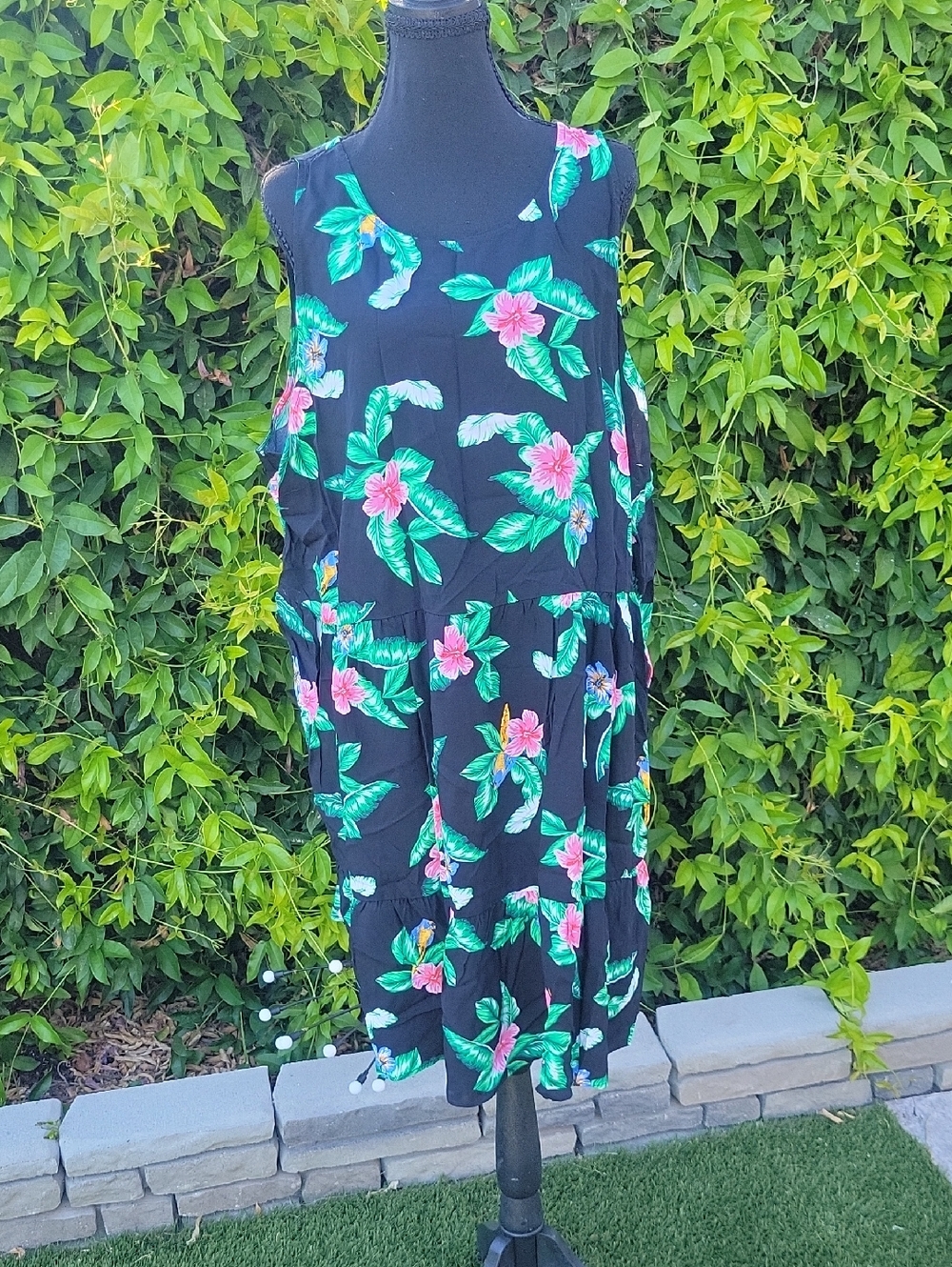 Old Navy Black Floral Midi Dress with Pink & Green Print XXL